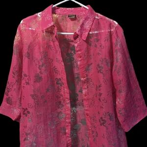 Salon Studio Women's hot pink  Sheer Floral Button-Up Blouse size Large